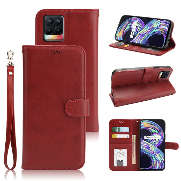 

Wrist Strap Wallet Flip Cover Leather Case Card Slot Cases For OPPO Realme 8 Pro C21 V13 5G C25 A74 A93 5G 4G F19, Black,red,brown,dark green,rose gold