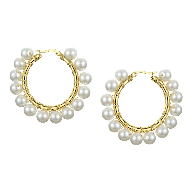 

High Quality 18K Gold Plated Stainless Steel Jewelry Pearls Hoop Fashionable For Women Earrings E191099