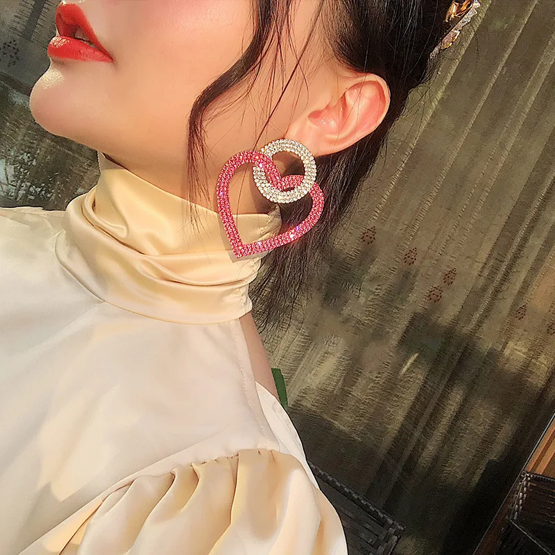 Barlaycs 2020 Fashion S925 Sliver Fancy Hoop Crystal Rhinestone Oversized Heart Love Channel Drop Earrings for Women Jewelry
