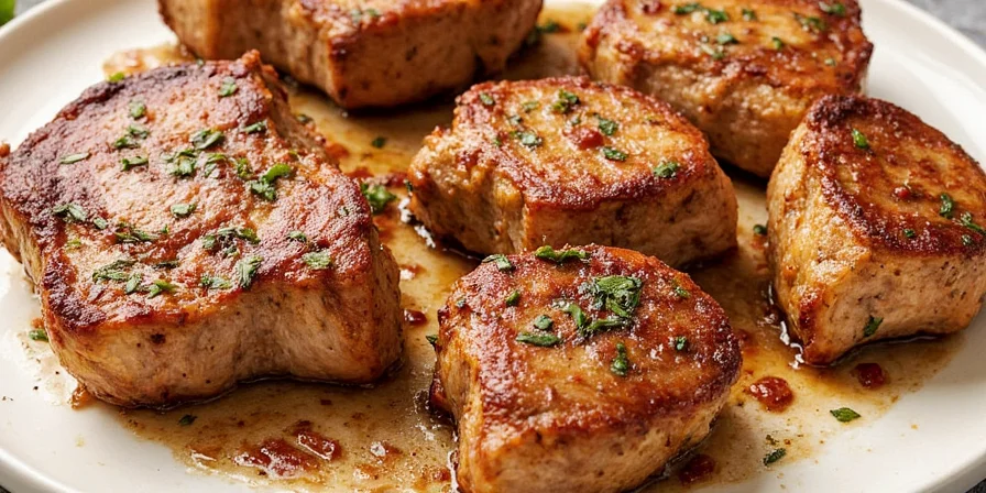 Close-up of pan-seared pork chops with balsamic glaze