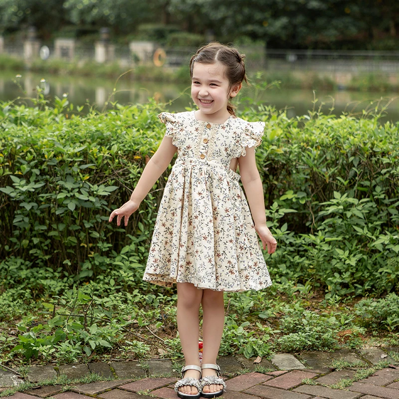

High quality kids dress casual party pinafore flower dress ruffle shoulder floral baby girl's dresses, 3 colors