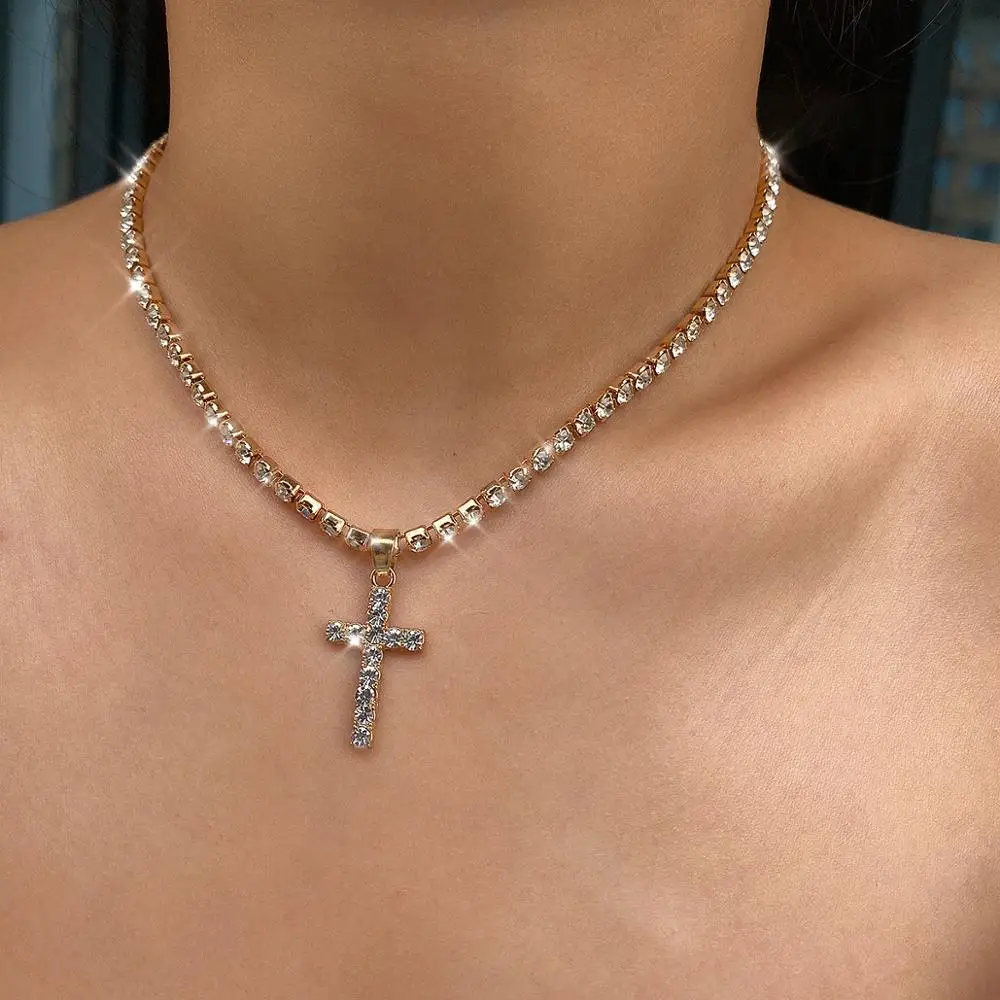 

HOVANCI New Arrival Shinny Rhinestone Claw Chain Cross Pendant Necklace Full Crystal Cross Necklace, Gold color