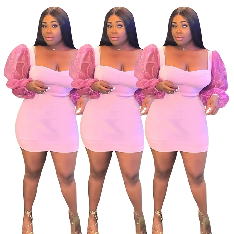

New season Sexy hot puff sleeve mesh plus size dresswomen deep neck spring short dress 2021