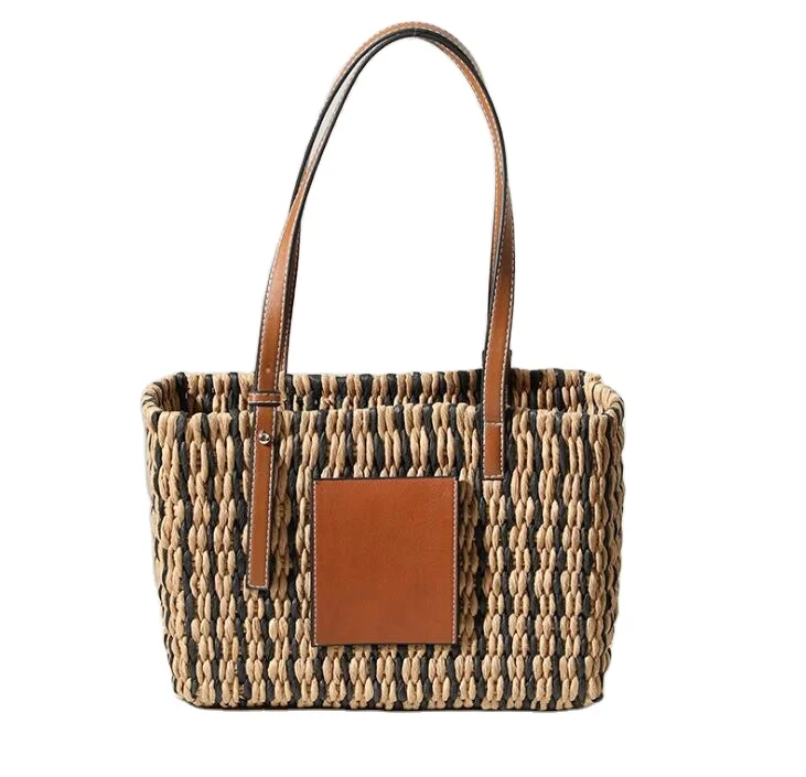 

2021 Wholesale Summer Women Lady Simple Hand Crochet Paper straw hat with bag