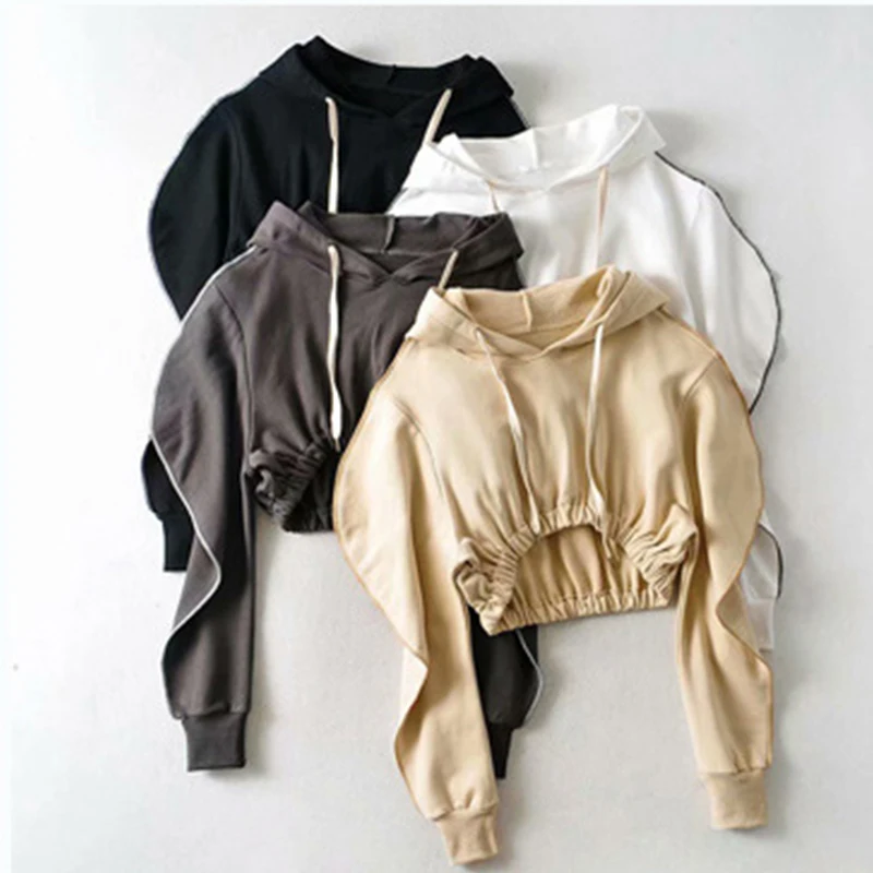 

High quality women casual pullover hoodie oversized ladies Lamb shank sleeve loose sweatshirt plain black crop top hoodie