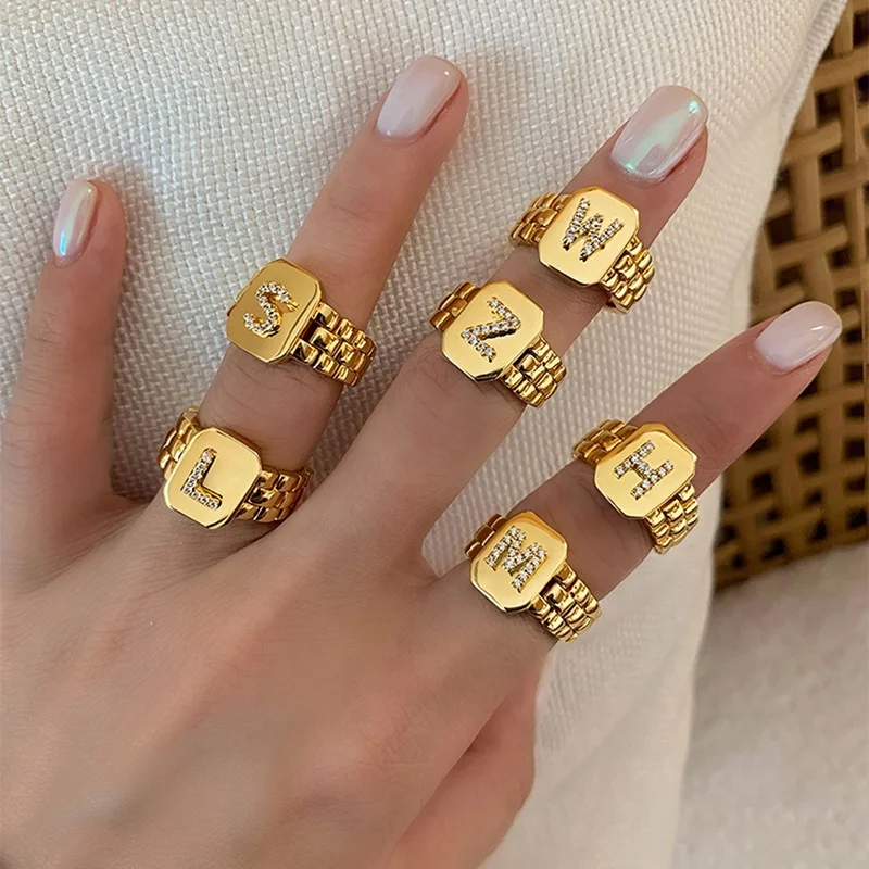 

High Quality 18k Gold Plated Brass Resizable Adjustable Initial Alphabet Letter Rings For Women