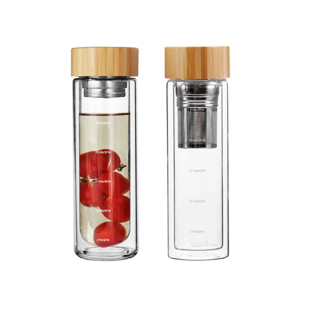 

Mikenda T094 glass water bottle with bamboo lid leakproof BPA free double wall drinking water bottle