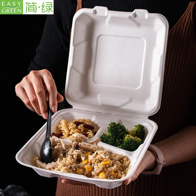 

Easy Green Disposable biodegradable 3 Compartment Clamshell Takeout Food Microwavable Hinged Container