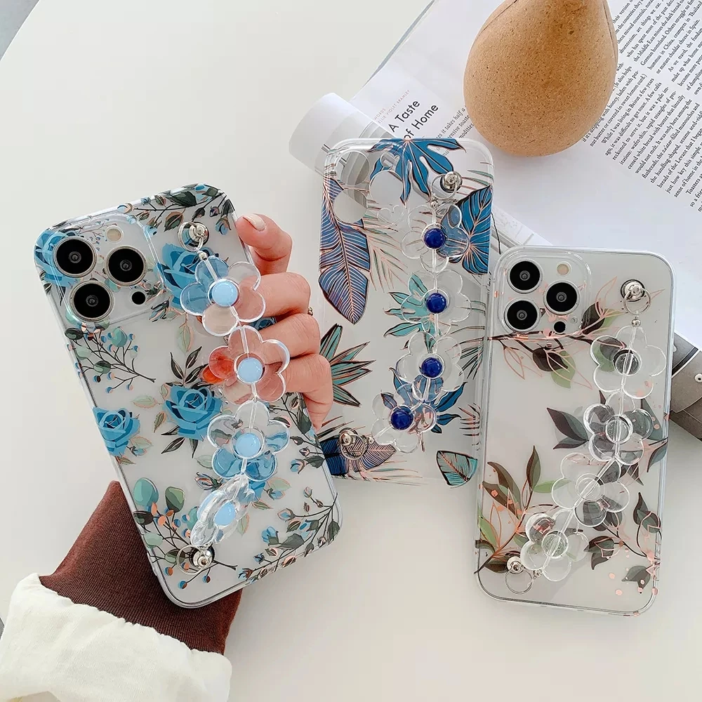 

New Design Clear IMD Electroplated Flower Girls Phone Case With Wrist Strap