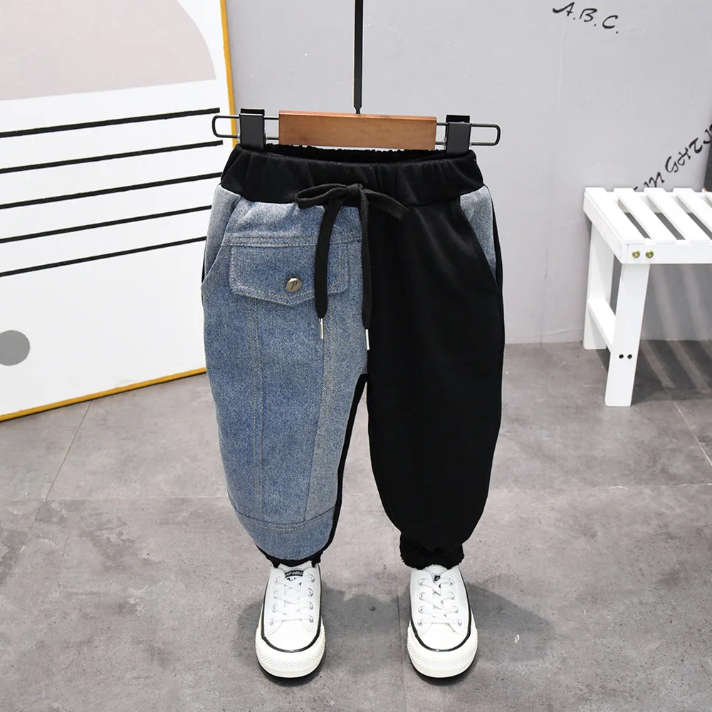 

Wholesale toddler boys spring autumn casual solid denim patchwork sport pants, Picture shows