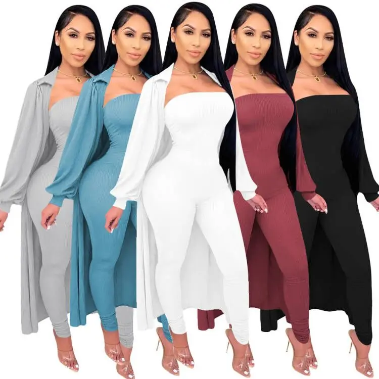 

Autumn Long Sleeve Solid Color Two Piece Set Pit Strapless Jumpsuit with Long Outwear