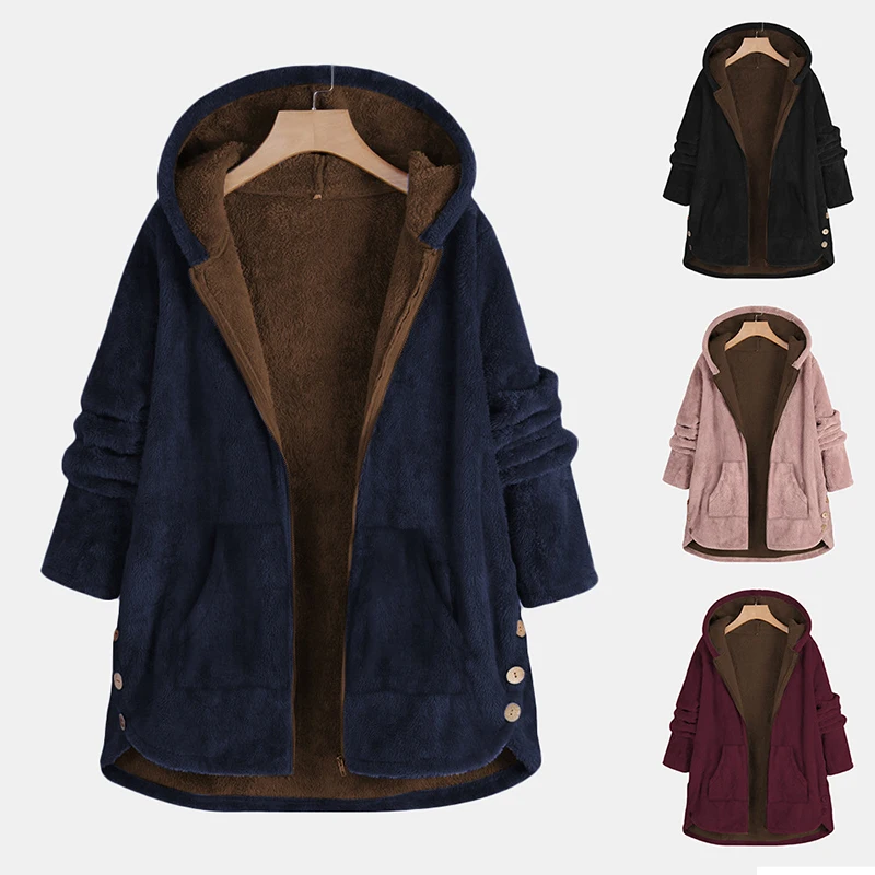 

Wholesale ladies winter clothes warm coats women hooded loose casual plus size fur cotton jackets, 4 colors