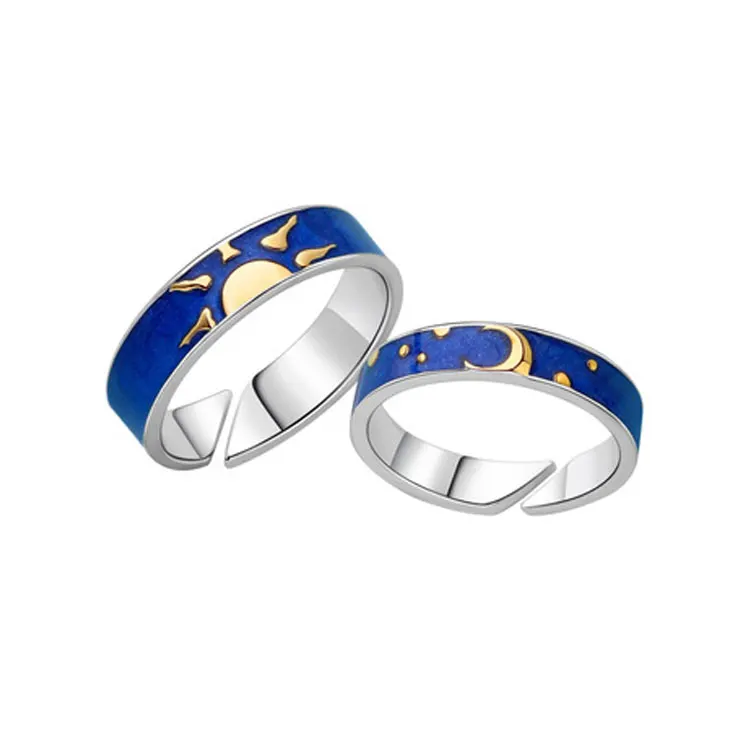 

SC Van Gogh Starry Sky Enamel Rings Jewelry Luxury Blue Enamel Wedding Rings Personalized Sun Moon Matching Couple Rings Women, Silver, blue
