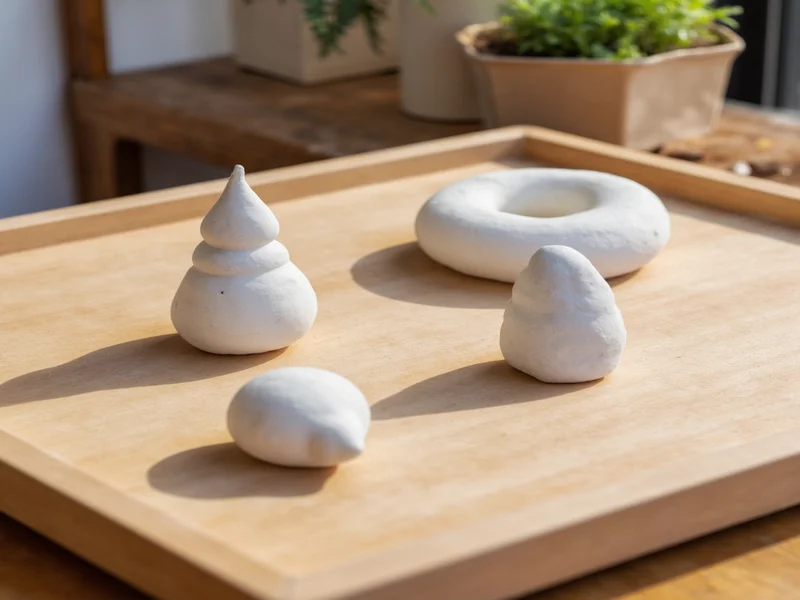 Three beginner clay projects on wooden table