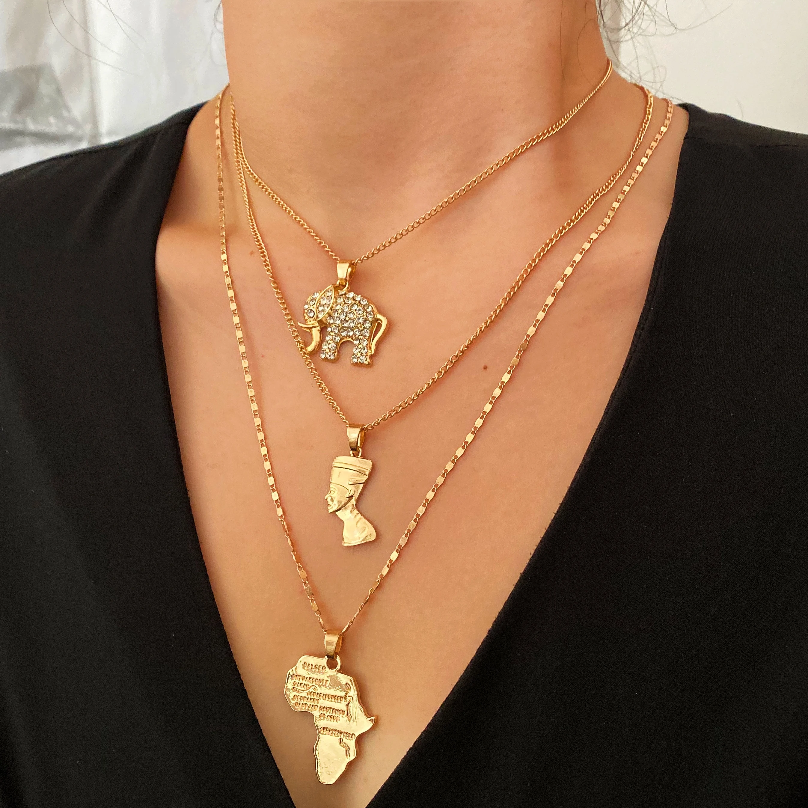 

egyptian nefertiti elephant multi layered collares gold necklace with african map, Picture