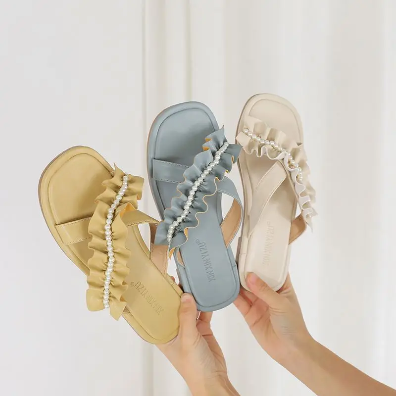 

2021 Europe & American summer new arrival women's shoes pearl lace beach flat sweet slippers for outer wear, Three colors or customized