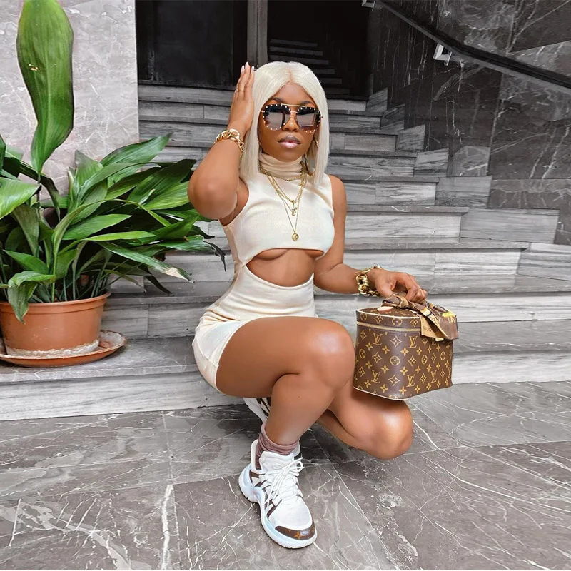 

Elegant Sleeveless Mini Bodycon Dress Solid color Sexy hollow Out women's skirt 2021 Summer women clothing