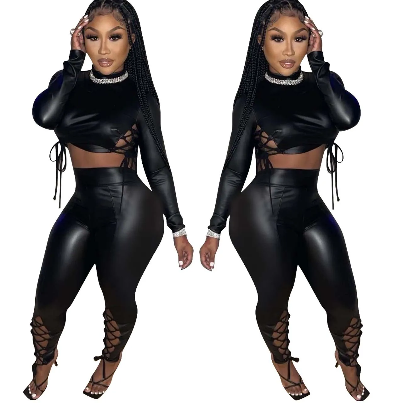 

Sexy Slim Bandage Pu Leather Two Piece Outfits Women Birthday Night Club Festival Clothing Matching Bodycon Sets, Black