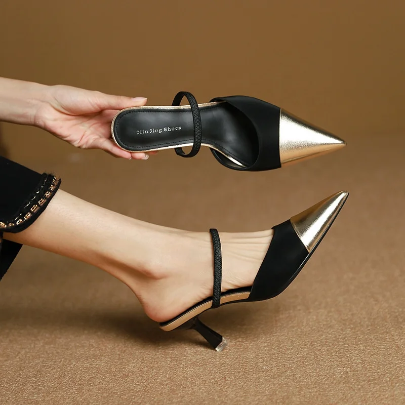 S 35-40 7cm Soft Wear-resistant Mixed Color-blocked Pointed-empty-toe Women Single Heeled Sandals Ladies Heels Shoes