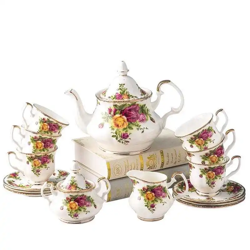 

European Vintage Rose Pattern Ceramic Coffee Sets Cup Saucer Pot 15 PCS Fine Bone China Tea Gift Sets With Color Package, As picture