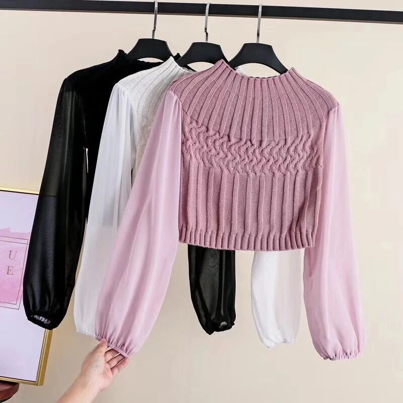 

B51417A Newest lady fancy loose round collar long sleeve patchwork slim knitted blouse, White/pink/black/apricot