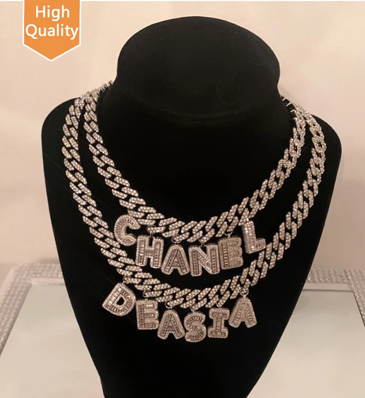 

2021 New Icy Miami Custom Letter Charm Necklace/bracelet Cuban Link Chain Gold Plated Women Hip Hop Jewelry Name Necklace