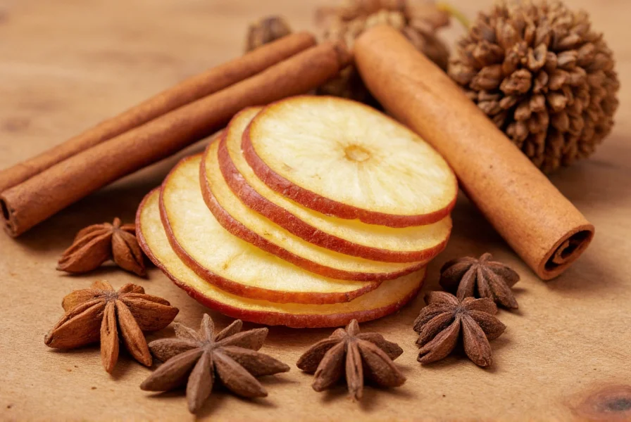 Close-up of cinnamon sticks, dried apple slices, and whole spices arranged on wooden surface