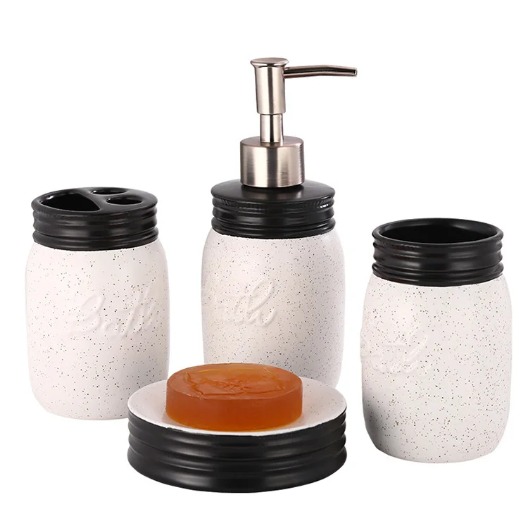 

Hot Sale Cheap Price 4 Piece Black Ceramic Toothbrush Holder Soap Dish Mason Jar Bathroom Accessories Set, Natural