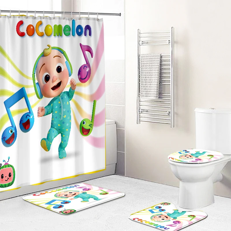 

European Kids Cartoon COCOMELON 3D Custom Printed Baby Shower Curtain and Rug Set For Bathroom For Kids ,Children