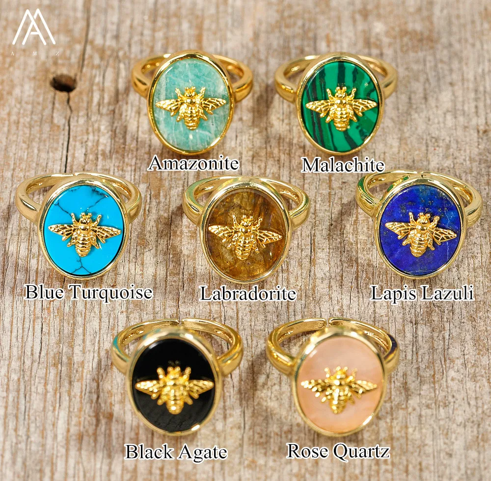 

Bee Rings forr Women Gold Jewelry , Oval Shape Labradorite Malachite Crystal Classic Ring
