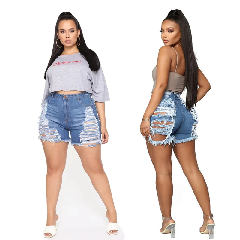 

Summer women's high waist stretchy blue jeans short plus size women clothing pants jeans women, As picture