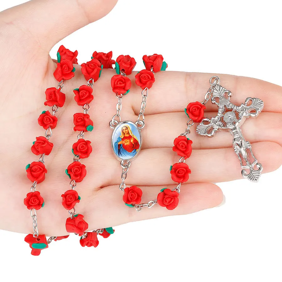 Handmade 8MM Red Polymer Clay Rose Flower Beads Rosary Necklace Christian Virgin Mary Pendant Jesus Cross Necklace