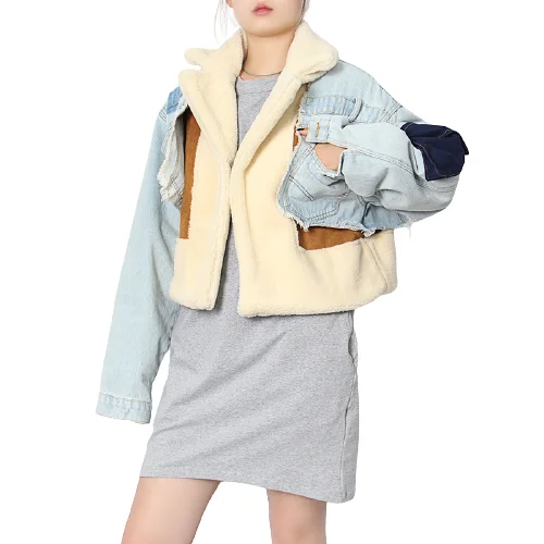 

2021 new fashion winter women sherpa Coat Faux Fur Women Clothing Street lamb wool Cotton coat jacket jean jacket with fur, Photo color