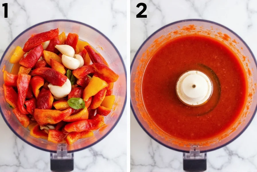 Step-by-step preparation of homemade red bell pepper sauce showing roasted peppers, garlic cloves, and olive oil in a food processor