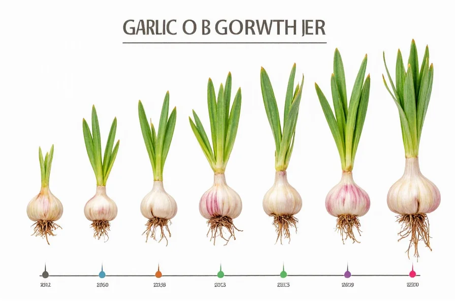 Illustration showing garlic growth stages from planted clove to mature bulb with timeline indicators