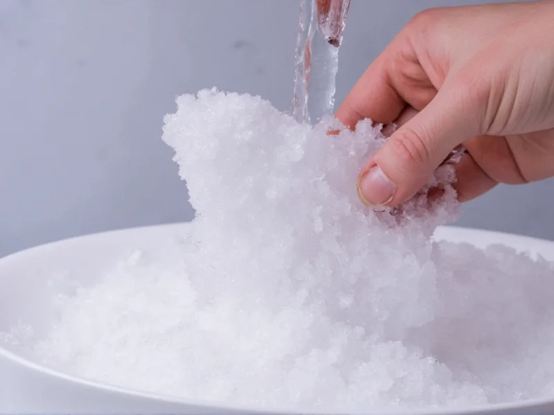 Hand pouring water onto instant snow polymer crystals