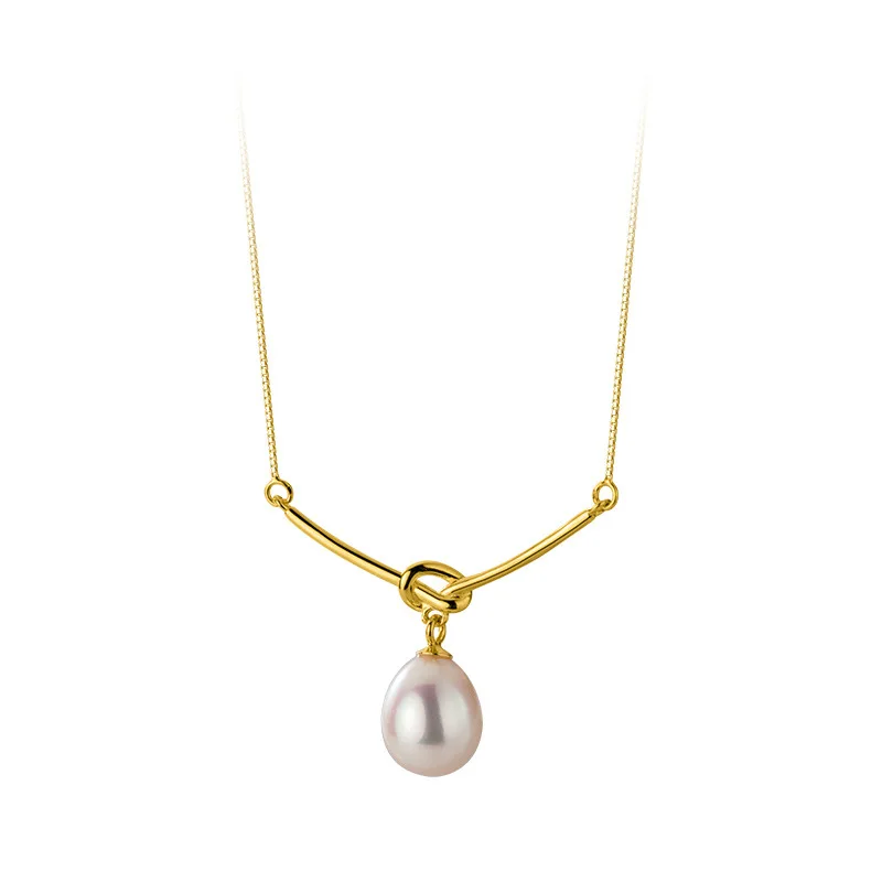 fashion jewelry minimalist 925 sterling silver single real natural pearl knot shaped gold plated necklaces for women