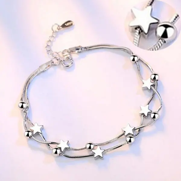 

Multi layers Chain Star Hear Round Bead Bracelet Silver Plated Copper Charm Bracelets  For Women Girls Lover Gift, As shown
