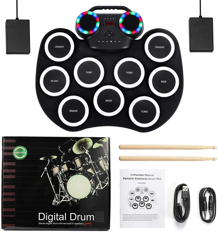 Electronic Drum Pad with Drumsticks Kids Electronic Drum Set Silicone Drum Pad Roll-Up Drum Practice Kit Portable Electronic Drum Set w/ Built in Loud Speakers BABY JOY Roll-Up Drum Kit 