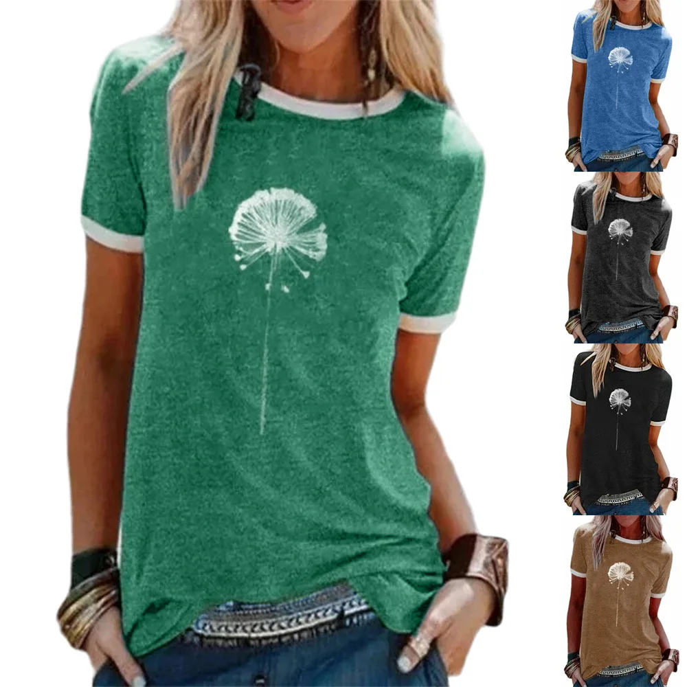 

Spring/Summer 2021 New Style Factory Made Hot Sale Women's Jacket Dandelion Pattern Printed Round women tshirts