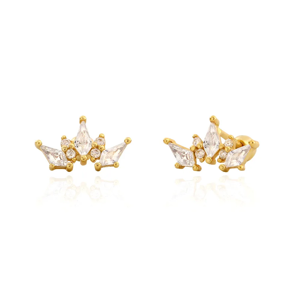 Wholesale Fashion Jewelry 925 Sterling Silver Minimalist Crown Zircon Shape with Ball Piercing Screwbacks Stud Earring Jewelry