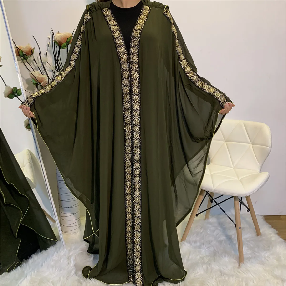 6335 # 巴基斯坦非洲长袍长衫abaya风格刺绣长袍连帽斗篷穆斯林黑色