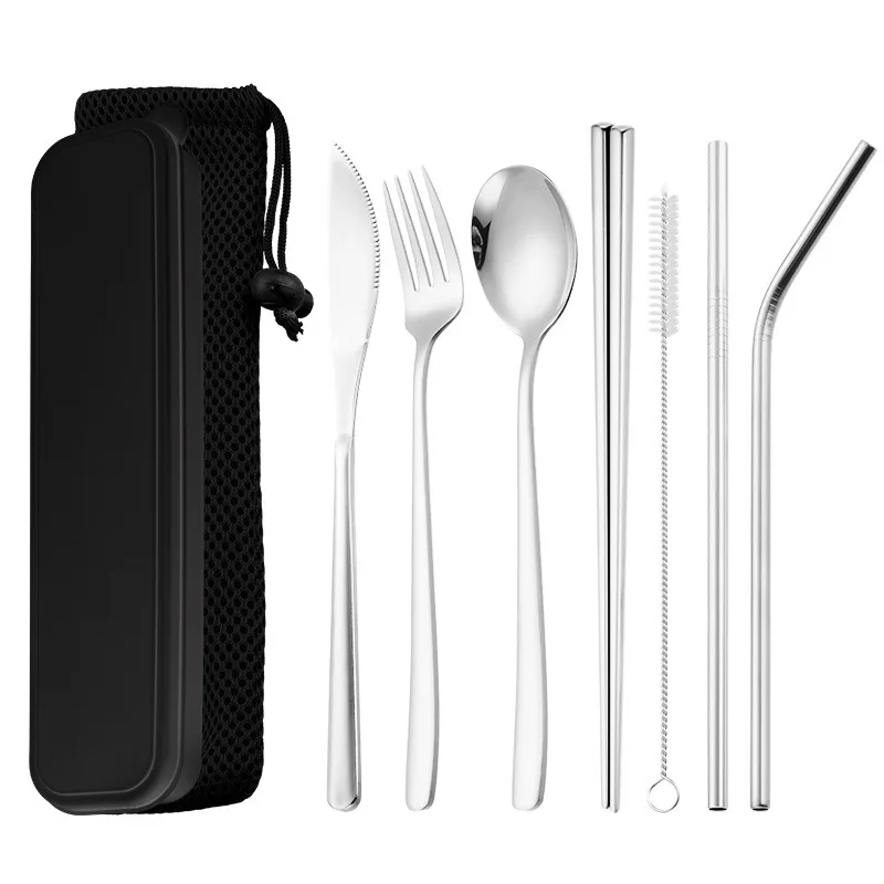 

School Outdoor Restaurant Cutlery Set Spoon Fork Chopsticks Metal Straw Set