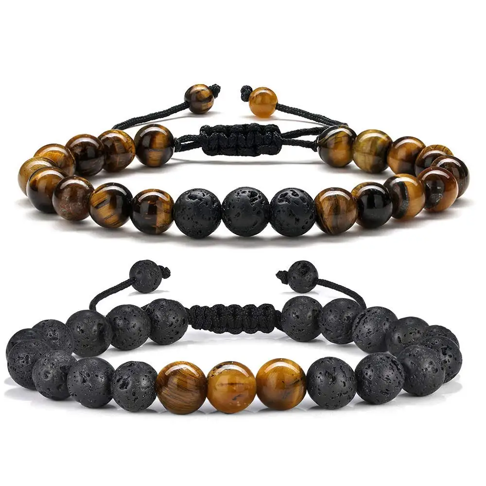 

8mm Colorful Adjustable Couple Natural Stone Braided Bracelet Tiger Eye Gemstones Healing Crystal Beaded Men Bracelet