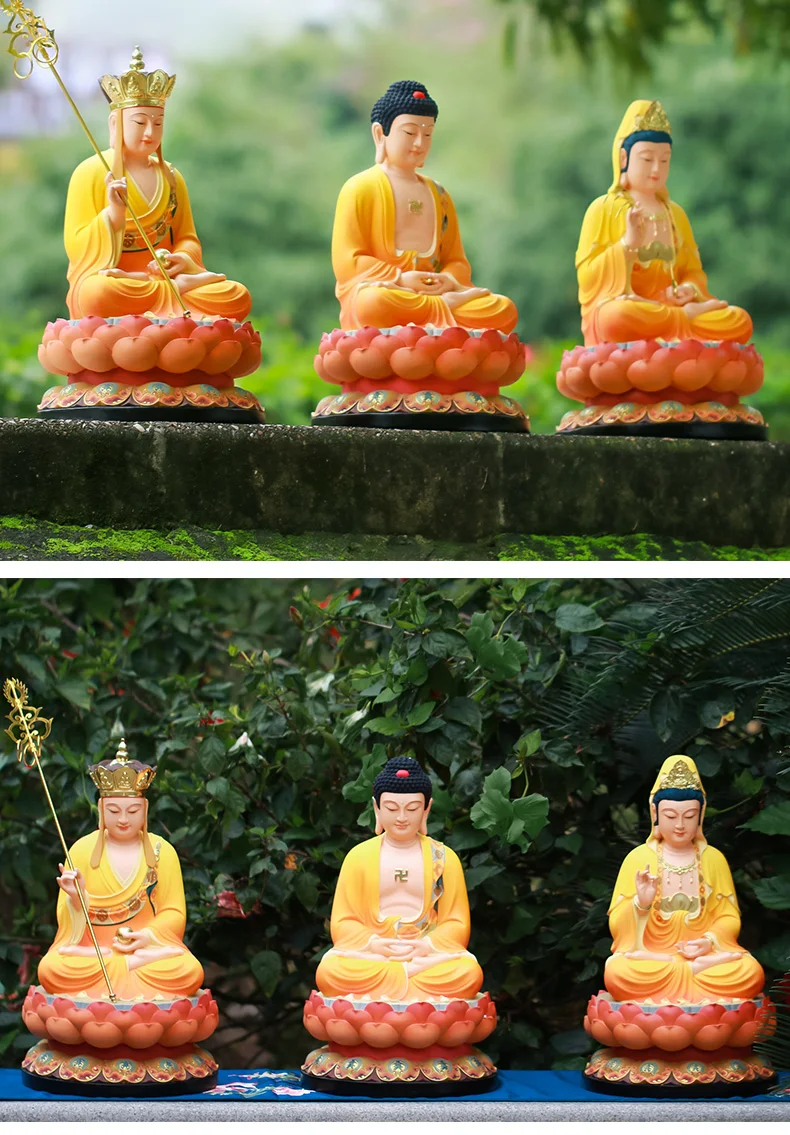 树脂作为佛陀三尊西方阿弥陀佛释迦牟尼的神圣佛像
