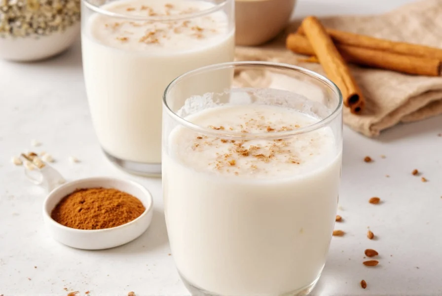 Step-by-step preparation of homemade rice milk with cinnamon in a glass pitcher showing creamy beige color