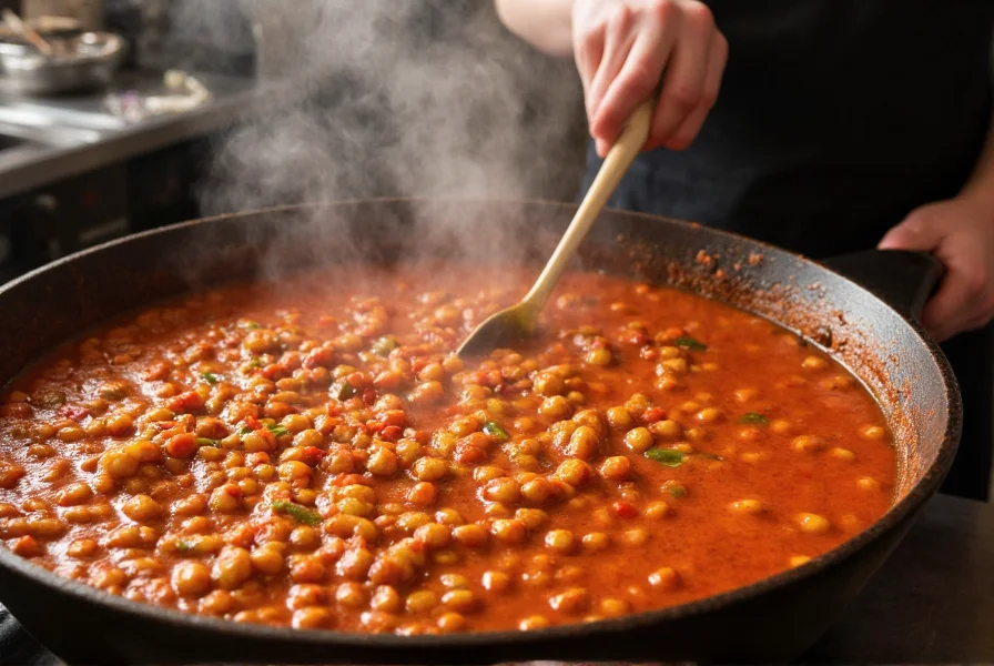 Professional chef stirring a large pot of vibrant red chickpea chili with steam rising, showing textured consistency with visible chickpeas and vegetables