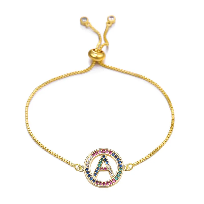 

Colorful Rainbow Zircon 26 Letter Bracelet for Women adjustable initial Bracelet Femme Snake Chain Jewelry Christmas gifts, Picture