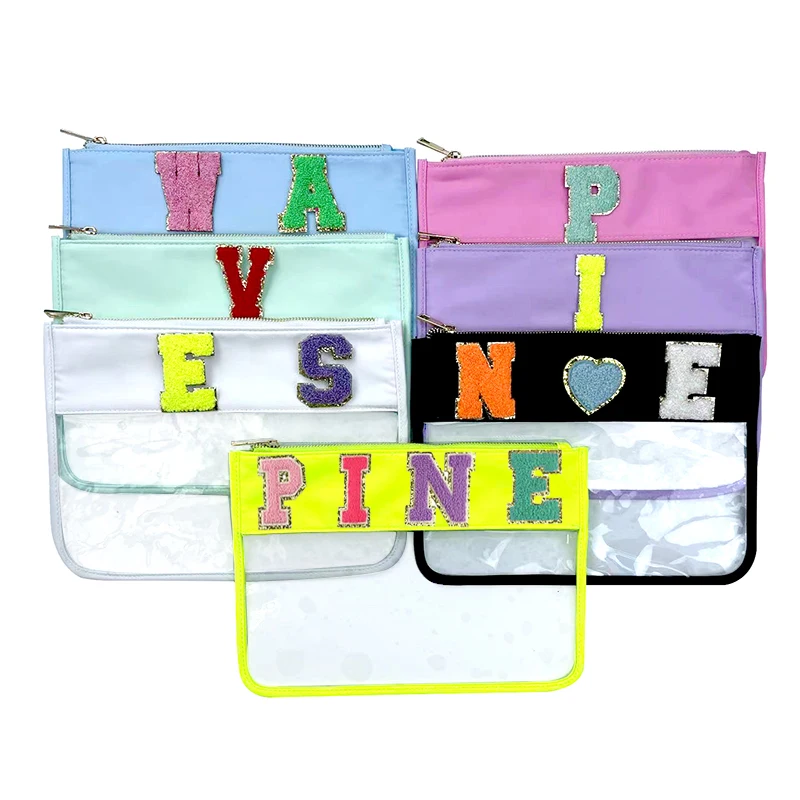 

Pine Waves Custom PVC Toiletry Bags With Chenille Letter Patches Nylon Water Proof Wholesale Clear Makeup Pouch Cosmetic Bags, Black,white,mint green,purple,royal blue,baby pink,hot pink