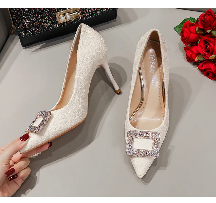 

New lace wedding shoes bridal square buckle rhinestone stiletto pointed high heels women's pumps, Pictures shown